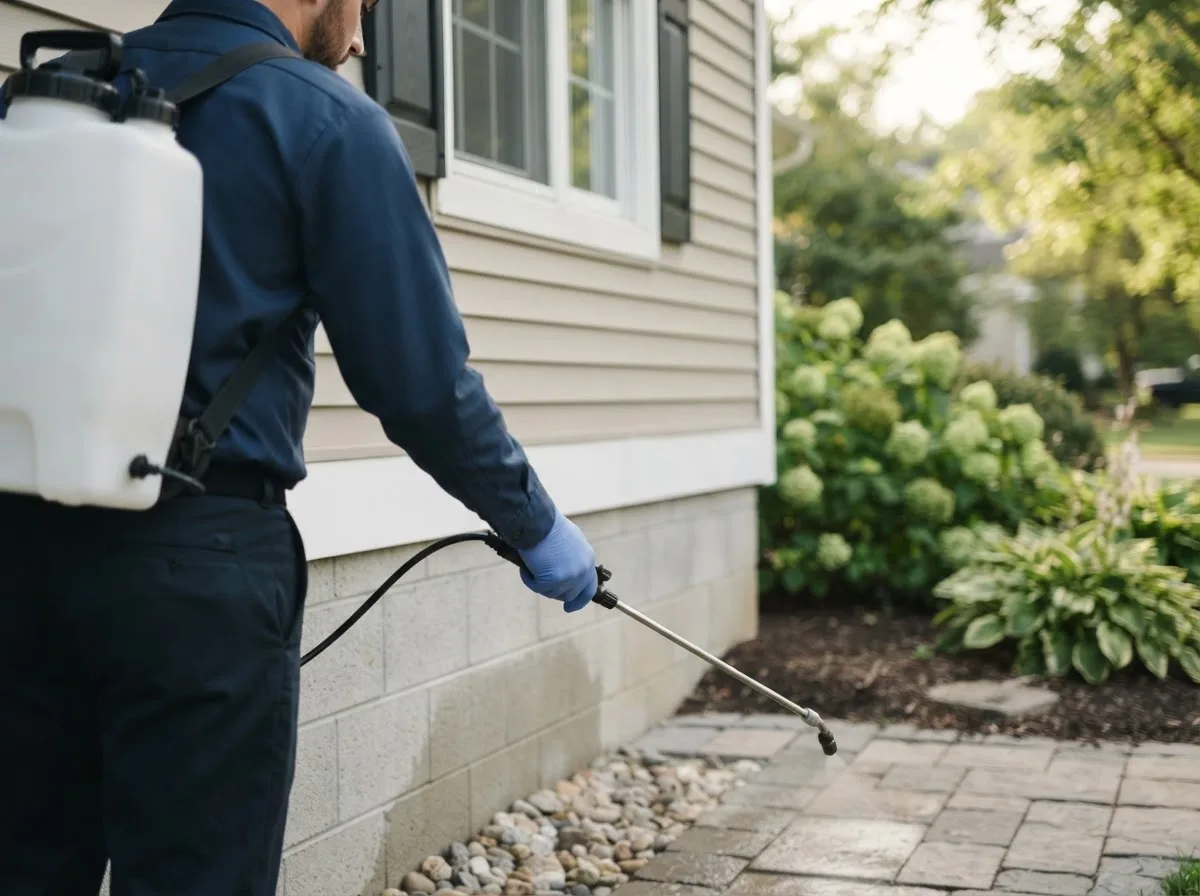 Pest control technician inspecting a home in Rockwell, NC
